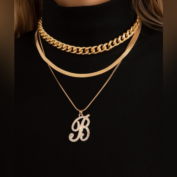 Jewelry - ❀ 3PC Layered Letter B Rhinestone Gold Chainlink Snake Necklace Bundle Set